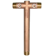 Bronze tank tee with 1" threaded connections on sides and bottom, featuring two circular ports on horizontal arms.