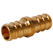 Brass PEX coupling fitting with crimp rings and open end on left side.