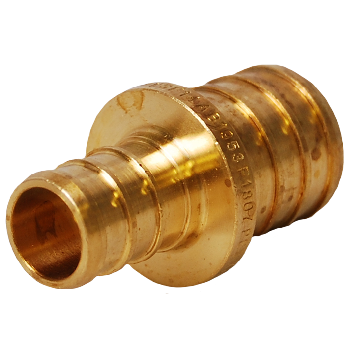 Brass PEX reducing coupling with two different-sized openings and grip rings, marked with manufacturer text.