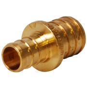 Brass PEX reducing coupling with 1-1/4" and 3/4" connection ports, forged construction with textured surface.