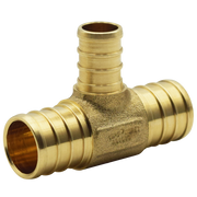 Brass PEX reducing tee fitting with three crimp connections in different sizes and hollow openings.