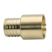 Brass PEX adapter fitting with ribbed PEX connection on left side and smooth female threaded port on right side.