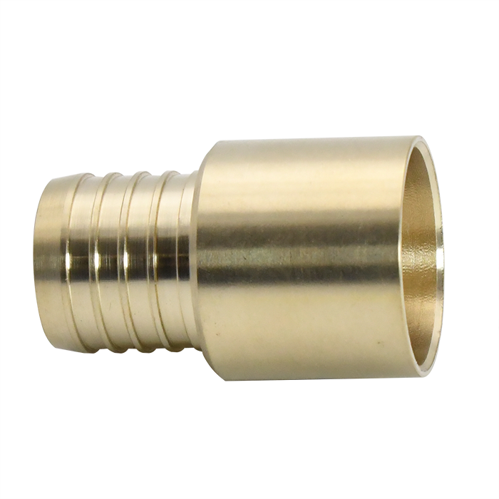 Brass PEX adapter fitting with ribbed PEX connection on left side and smooth female threaded port on right side.