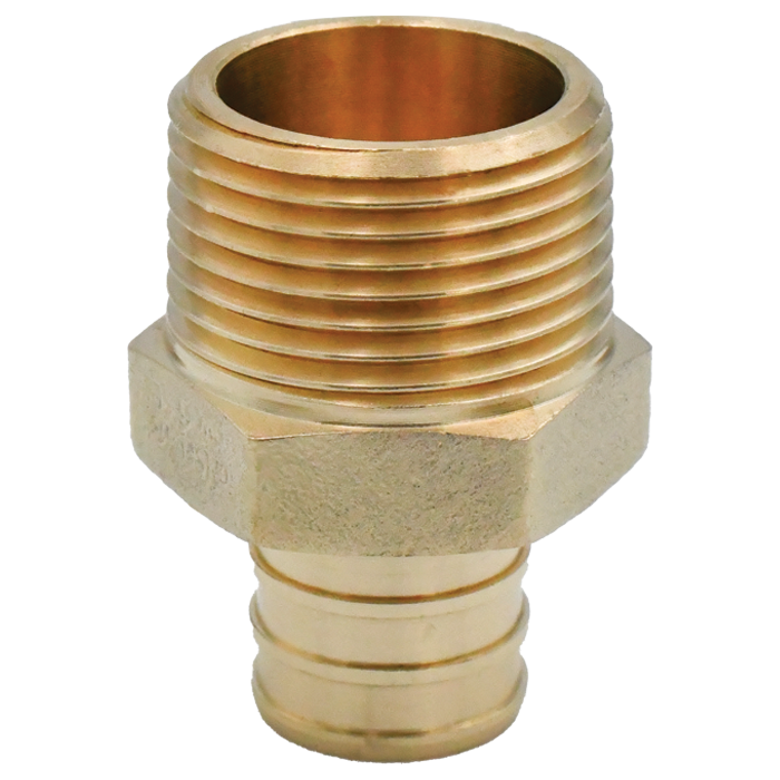 Brass PEX adapter with 1/2" barbed inlet and 3/4" male NPT threaded outlet.