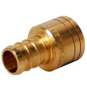Brass PEX adapter fitting with sweat connection port and grip rings on cylindrical body.
