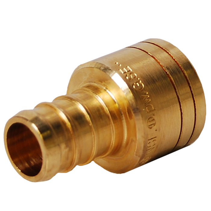 Brass PEX adapter fitting with sweat connection port and grip rings on cylindrical body.