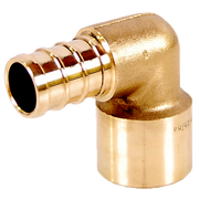 Brass elbow fitting with one PEX connector and one sweat connection, angled 90 degrees.