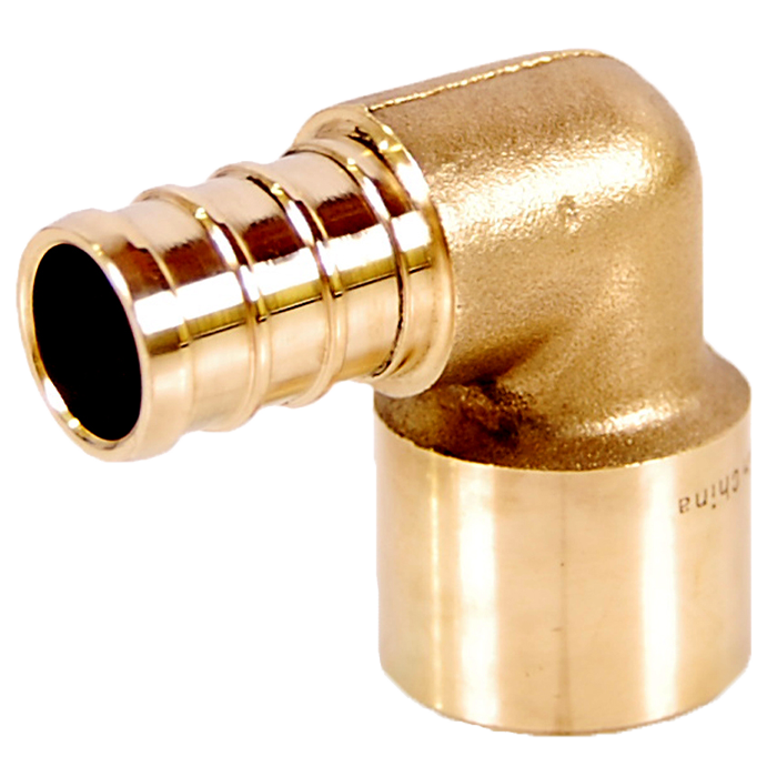 Brass elbow fitting with one PEX connector and one sweat connection, angled 90 degrees.