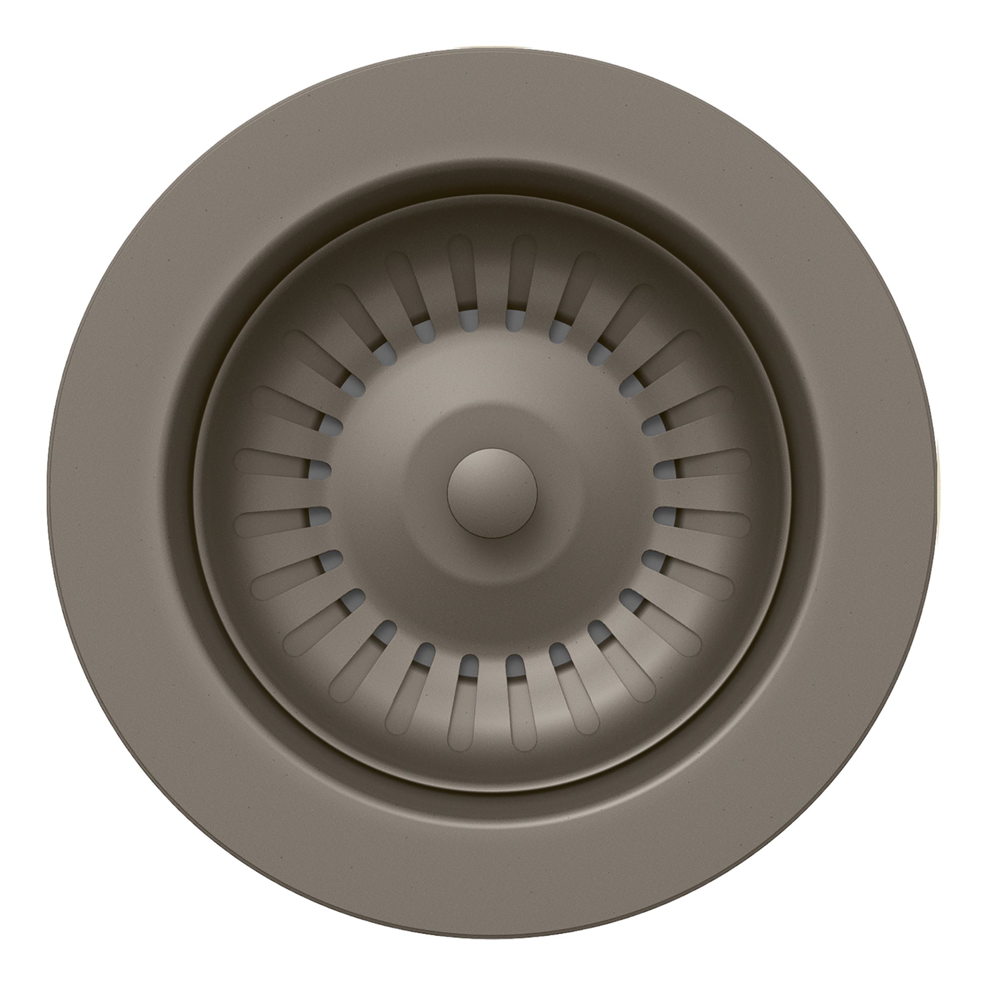 Circular gray metal waste flange with ridged center dome and central post, viewed from above.