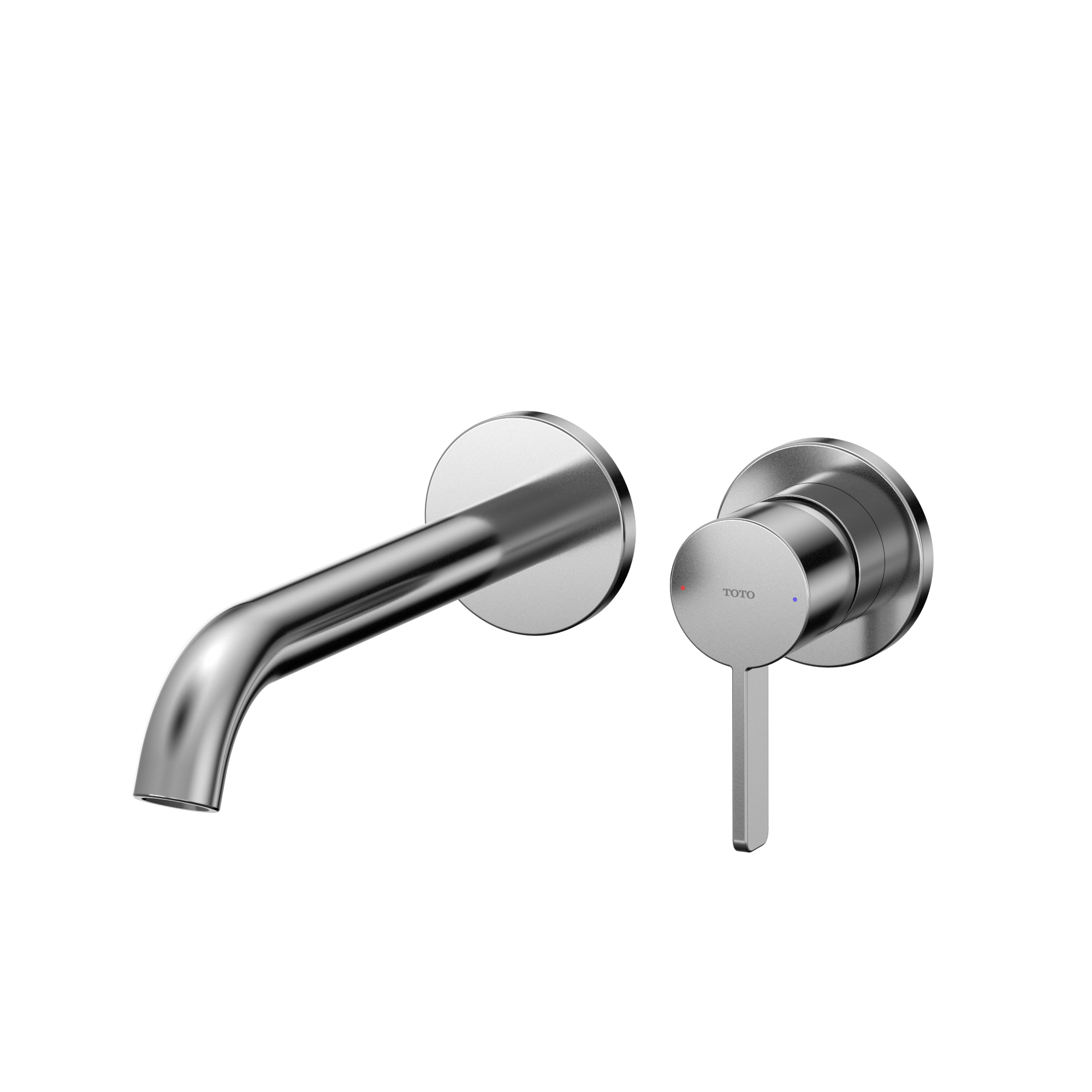 Polished chrome wall-mount bathroom faucet with curved spout and single-handle lever control.