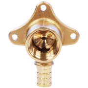 Brass drop ear elbow fitting with three mounting holes, female NPT threaded port, and barbed PEX connection stub.