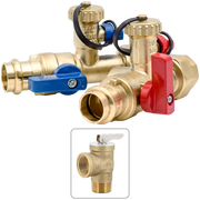 Brass press-connect valve assembly with blue and red ball valve handles and pressure relief valve component.