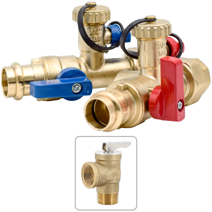 Brass press-connect valve assembly with blue and red ball valve handles and pressure relief valve component.