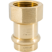 Brass press female adapter with hexagonal nut collar and threaded cylindrical body marked with sizing information.