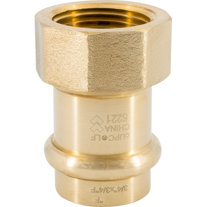 Brass press female adapter with hexagonal nut collar and threaded cylindrical body marked with sizing information.