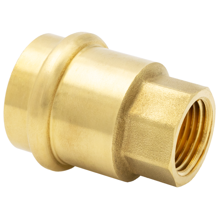 Brass adapter fitting with press connection on left side and female threaded port on right side.