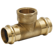 Brass tee fitting with two press-fit connections on sides and threaded female connection on top.