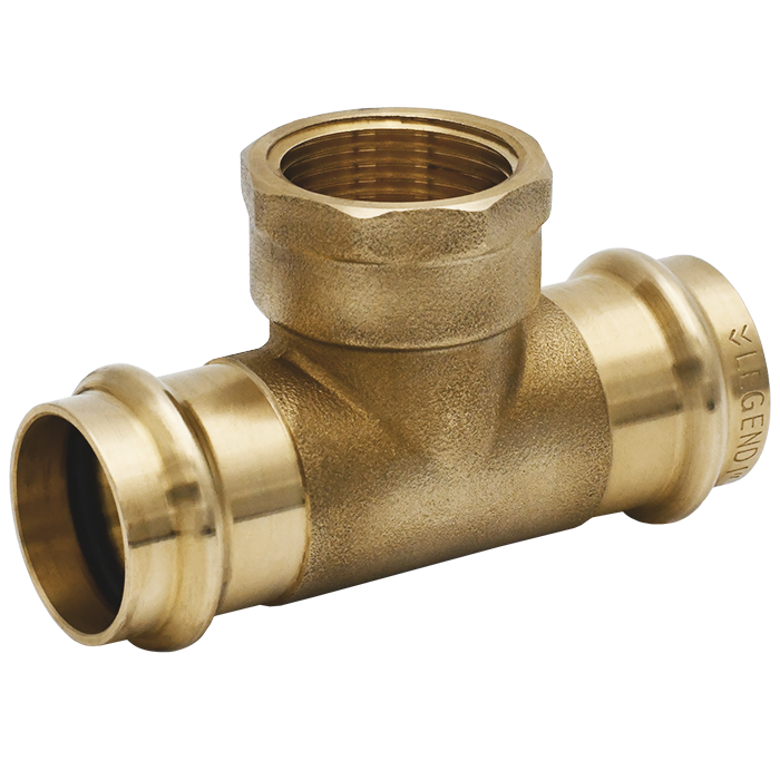 Brass tee fitting with two press-fit connections on sides and threaded female connection on top.
