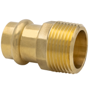 Brass press adapter with 1" press connection on left and 3/4" male threaded connection on right.