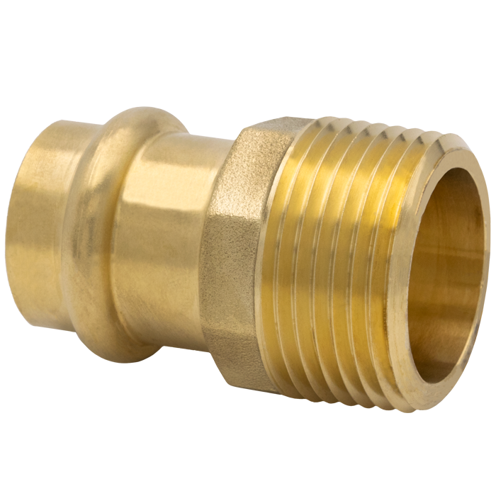Brass press adapter with 1" press connection on left and 3/4" male threaded connection on right.