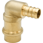 Brass 90-degree elbow fitting with female threaded connection on one end and male pex barb connection on the other.