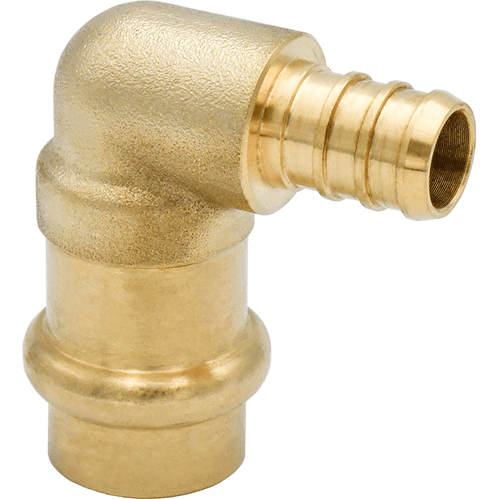 Brass 90-degree elbow fitting with female threaded connection on one end and male pex barb connection on the other.