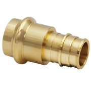 Brass adapter with cylindrical press fitting on left side and ribbed PEX connection on right side.
