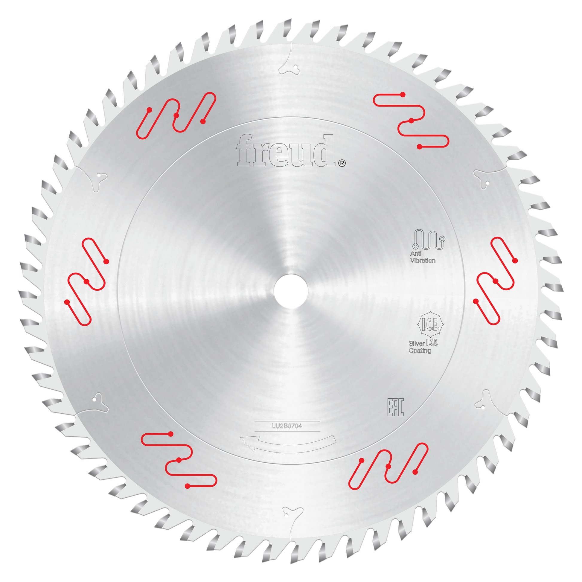 Silver circular saw blade with carbide-tipped teeth around the edge and red markings, 10 inches in diameter.