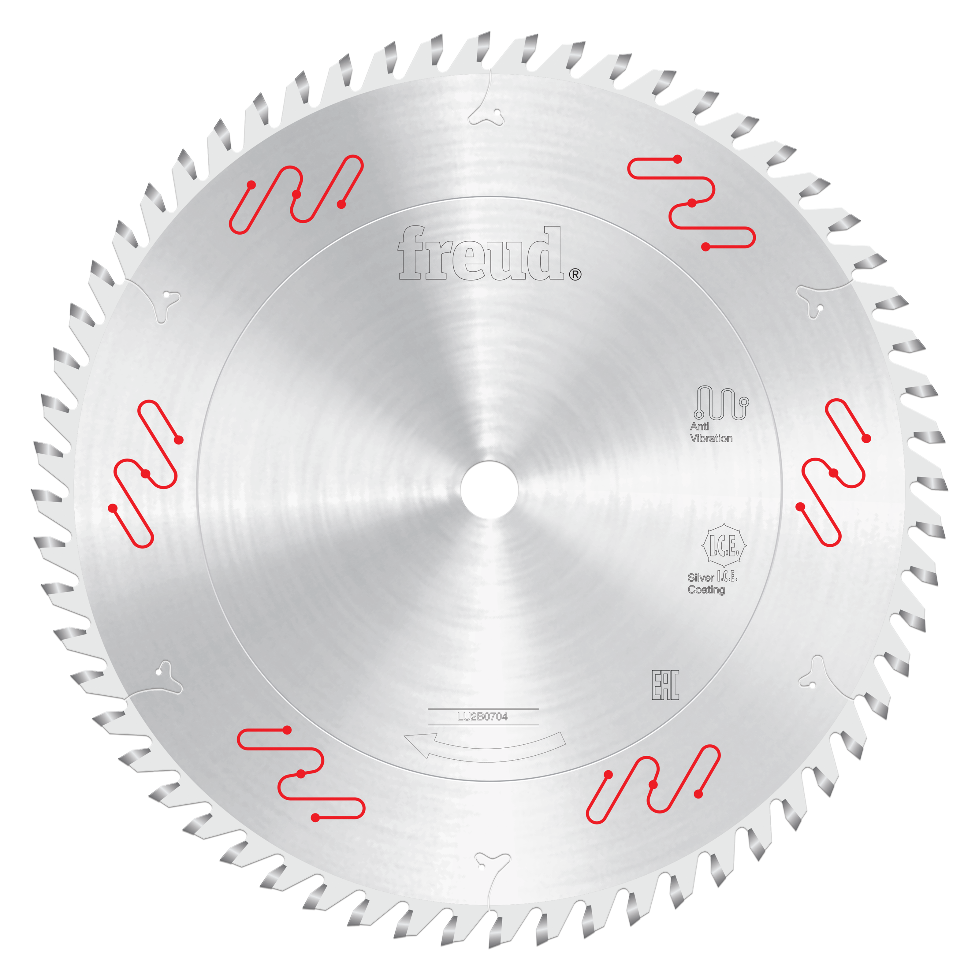 Silver circular saw blade with carbide-tipped teeth around the edge and red markings, 10 inches in diameter.