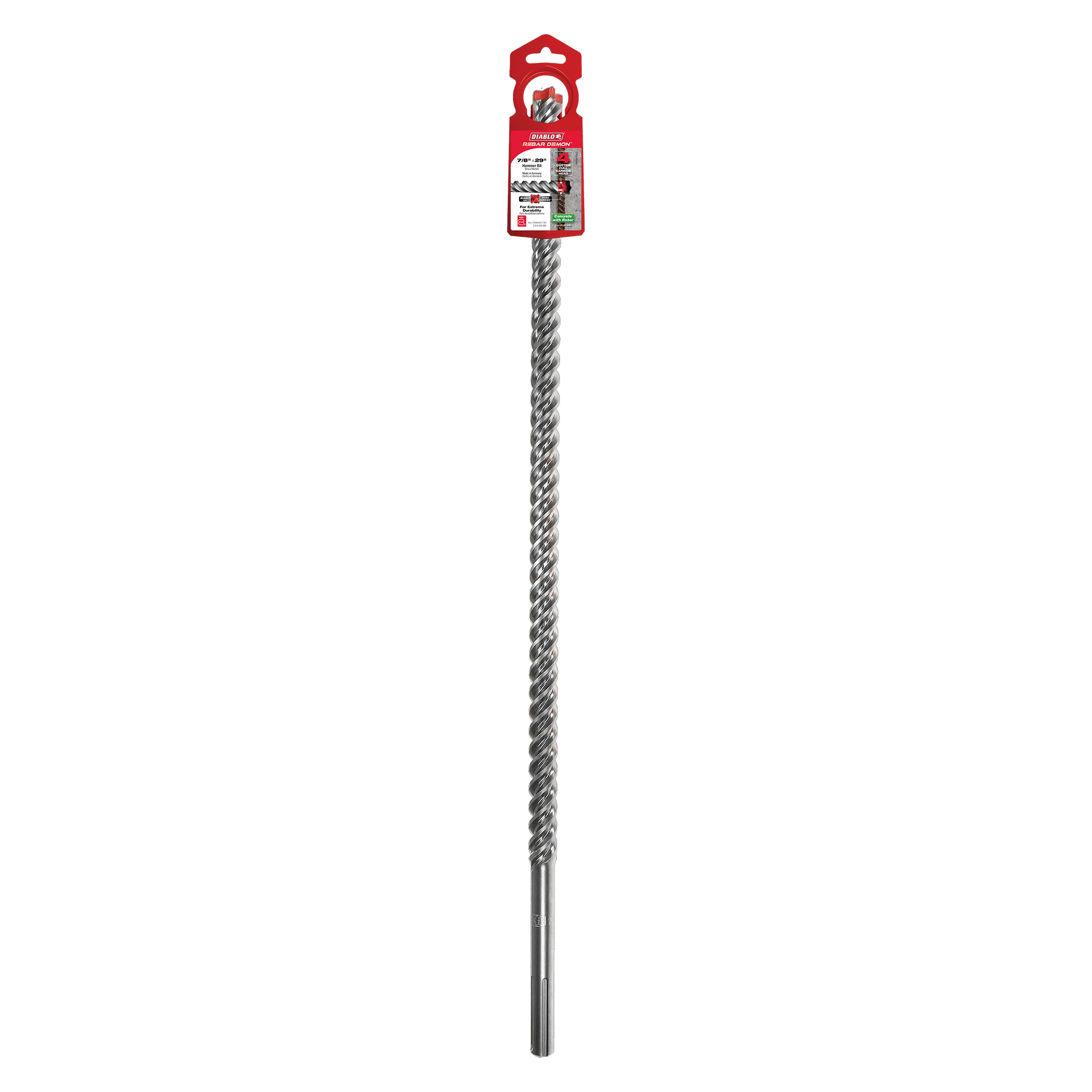 Silver SDS-Max hammer drill bit with spiral flutes and red packaging tab at top.