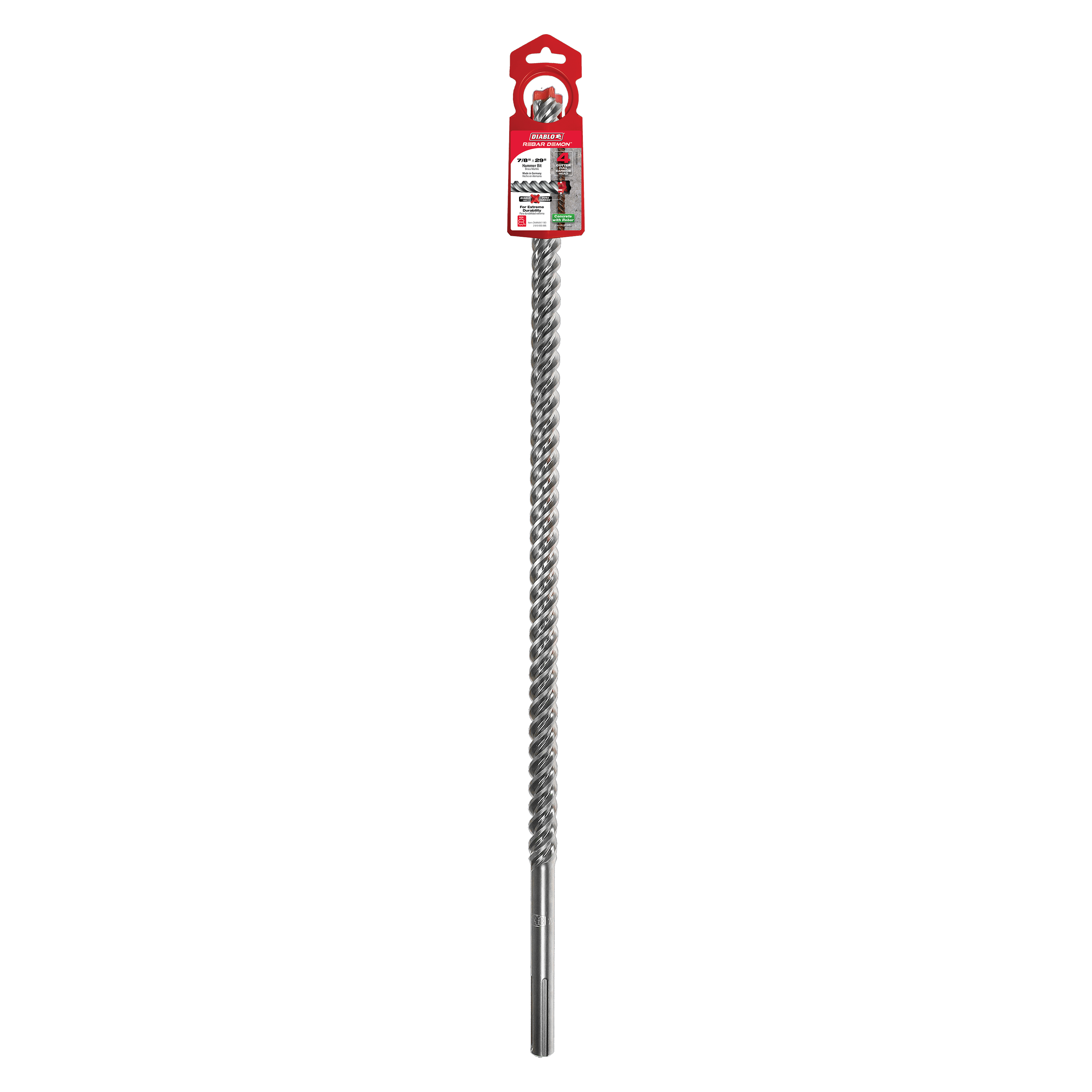 Silver SDS-Max hammer drill bit with spiral flutes and red packaging tab at top.