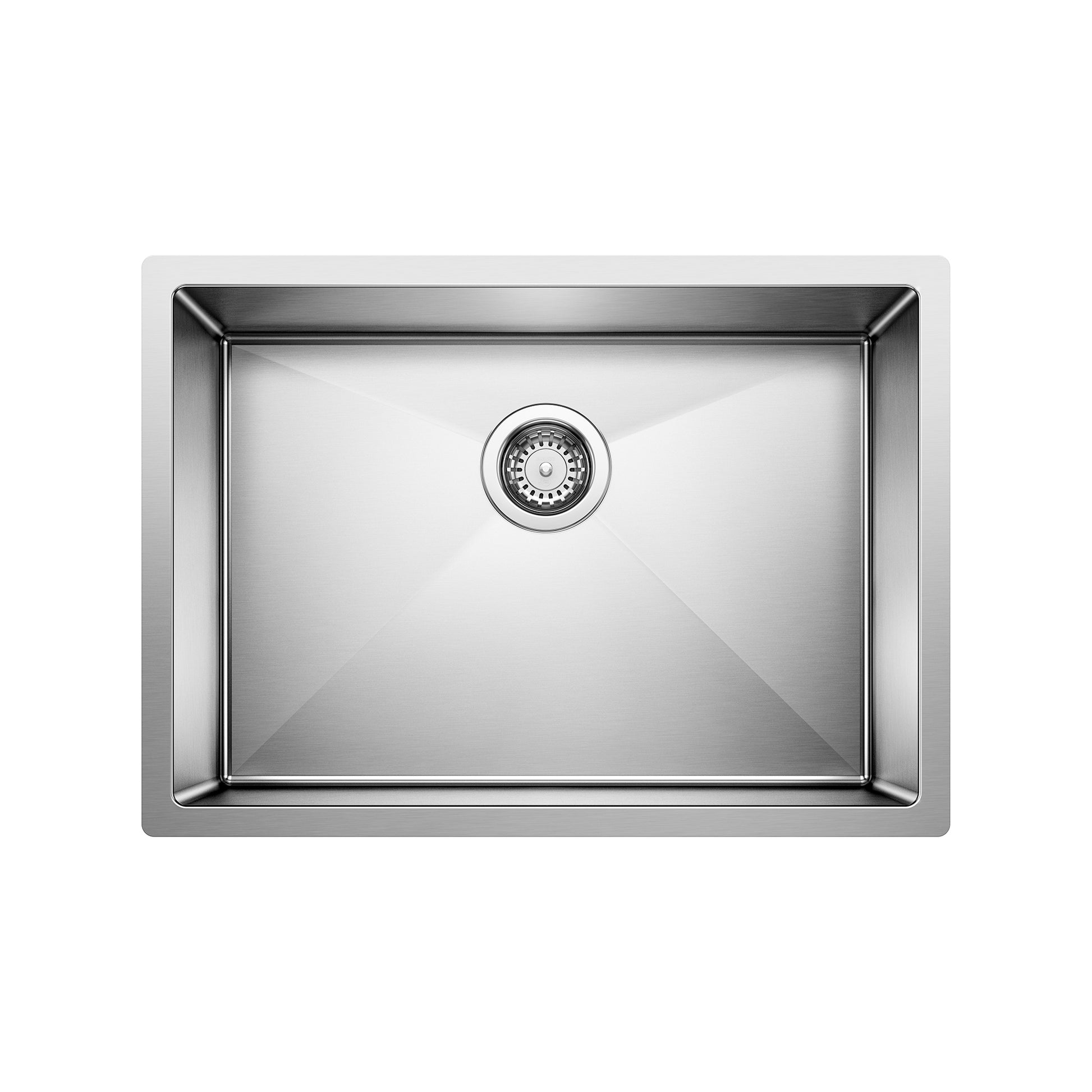 Stainless steel single bowl undermount sink with drain strainer, viewed from above.
