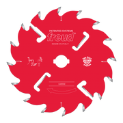 Red circular saw blade with gray teeth, white center hole, and Freud branding; model LM0302 labeled on blade.