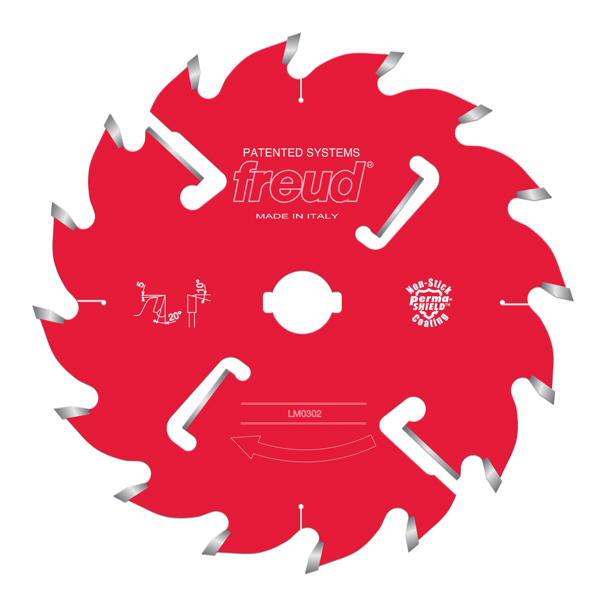 Red circular saw blade with gray teeth, white center hole, and Freud branding; model LM0302 labeled on blade.