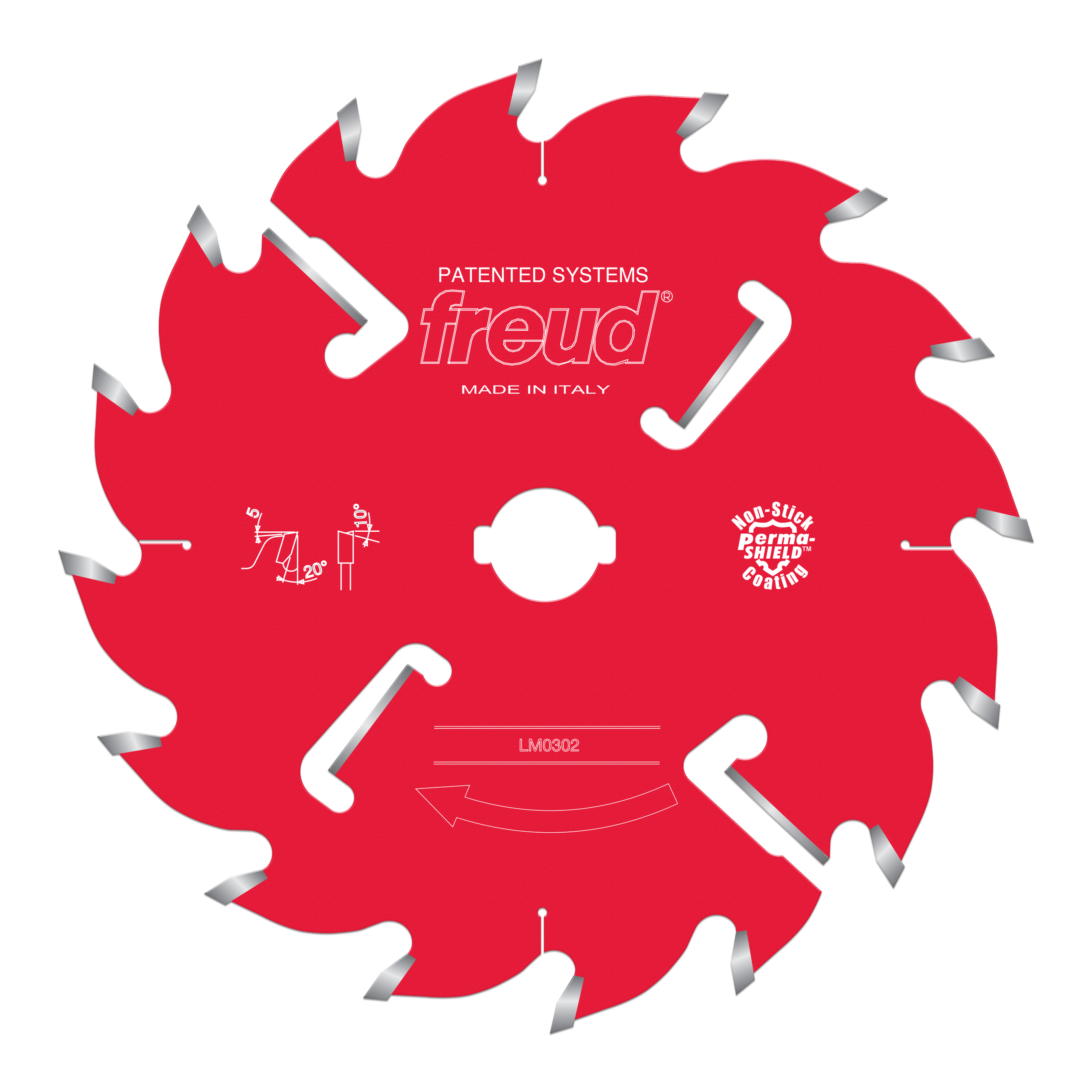 Red circular saw blade with gray teeth, white center hole, and Freud branding; model LM0302 labeled on blade.