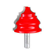 Red and gray Freud chair rail router bit with decorative curved profile and metal shank.