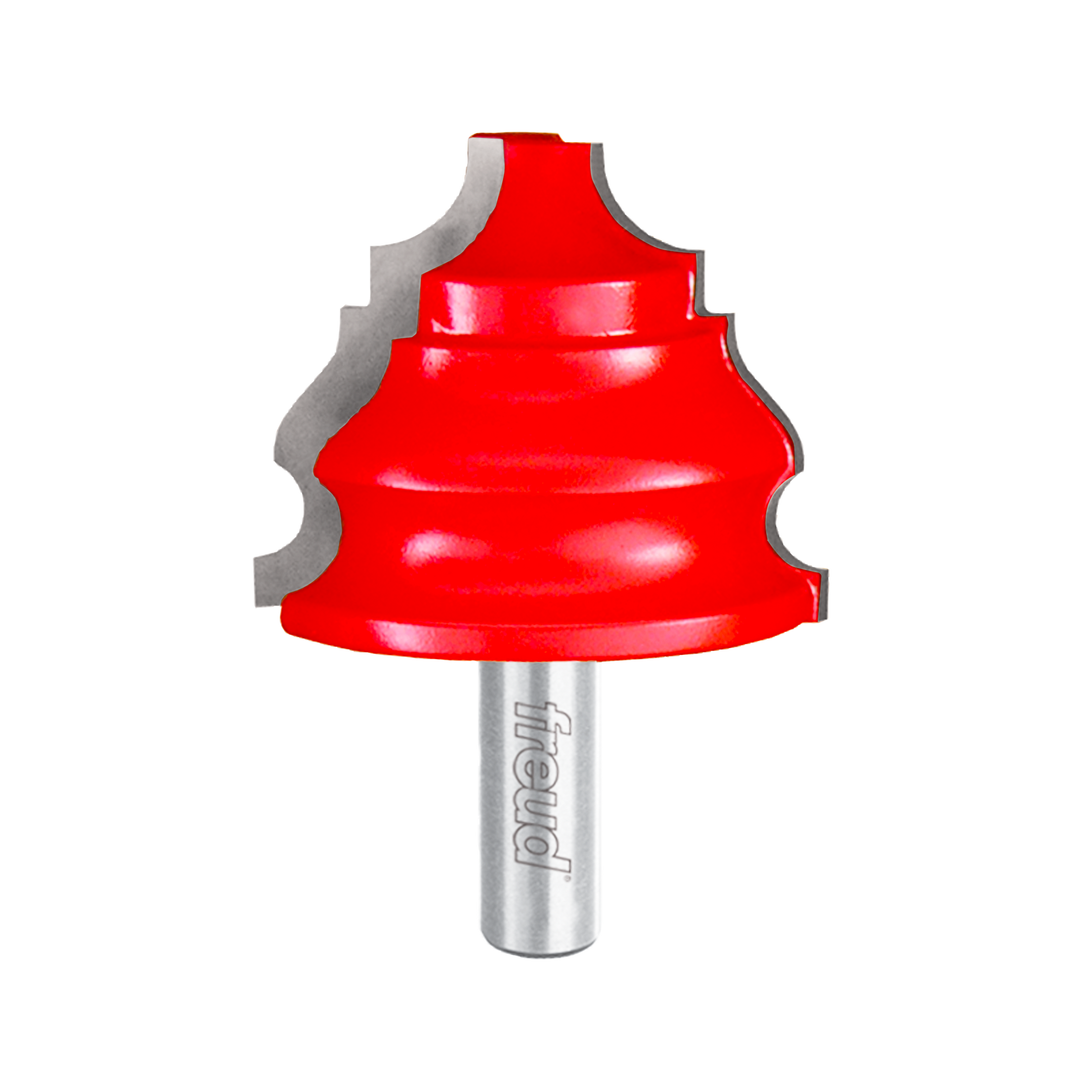 Red and gray Freud chair rail router bit with decorative curved profile and metal shank.