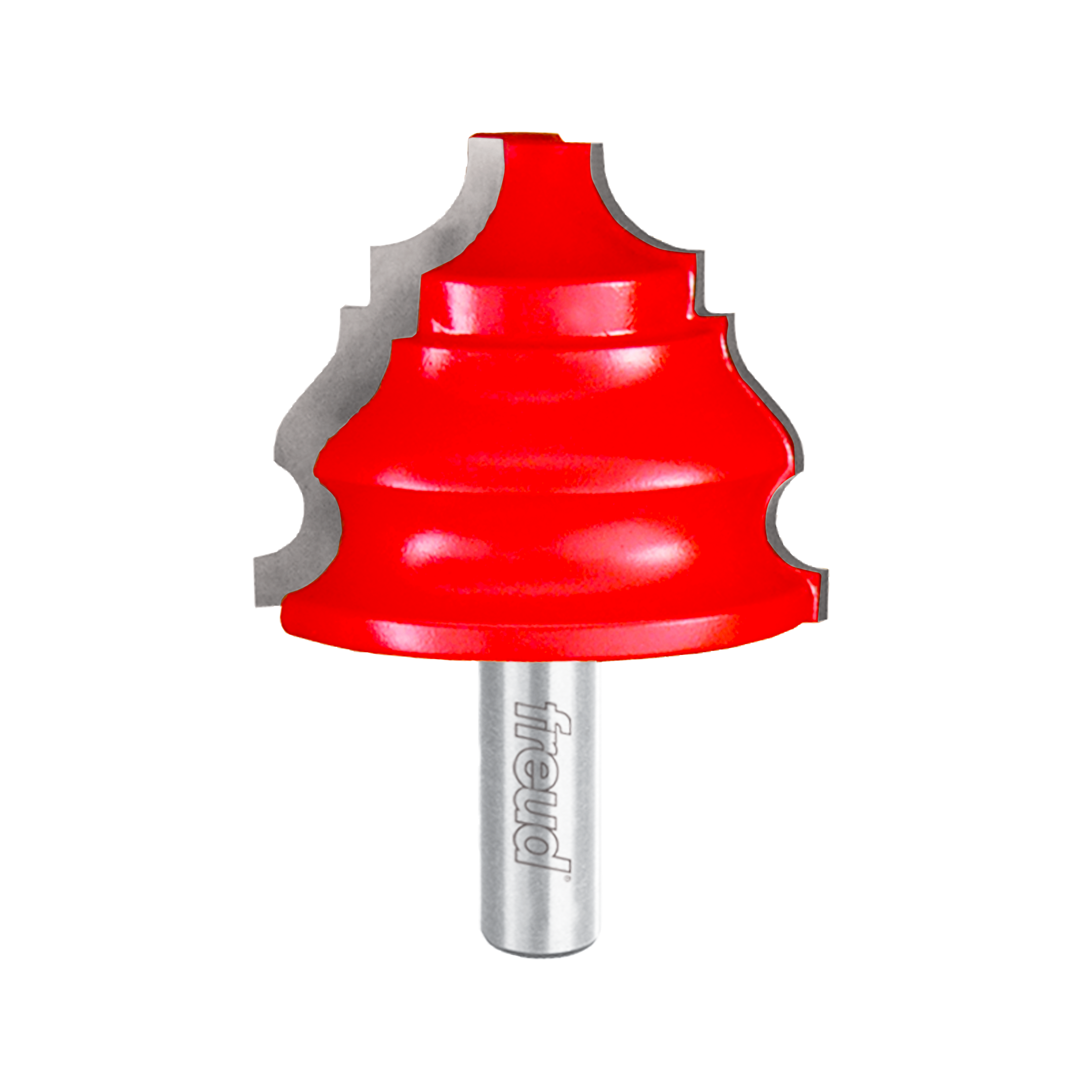 Red and gray Freud chair rail router bit with decorative curved profile and metal shank.