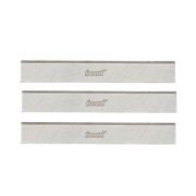 Three metallic planer and jointer knives with Freud branding and diagonal texture pattern on light-colored cutting surfaces.