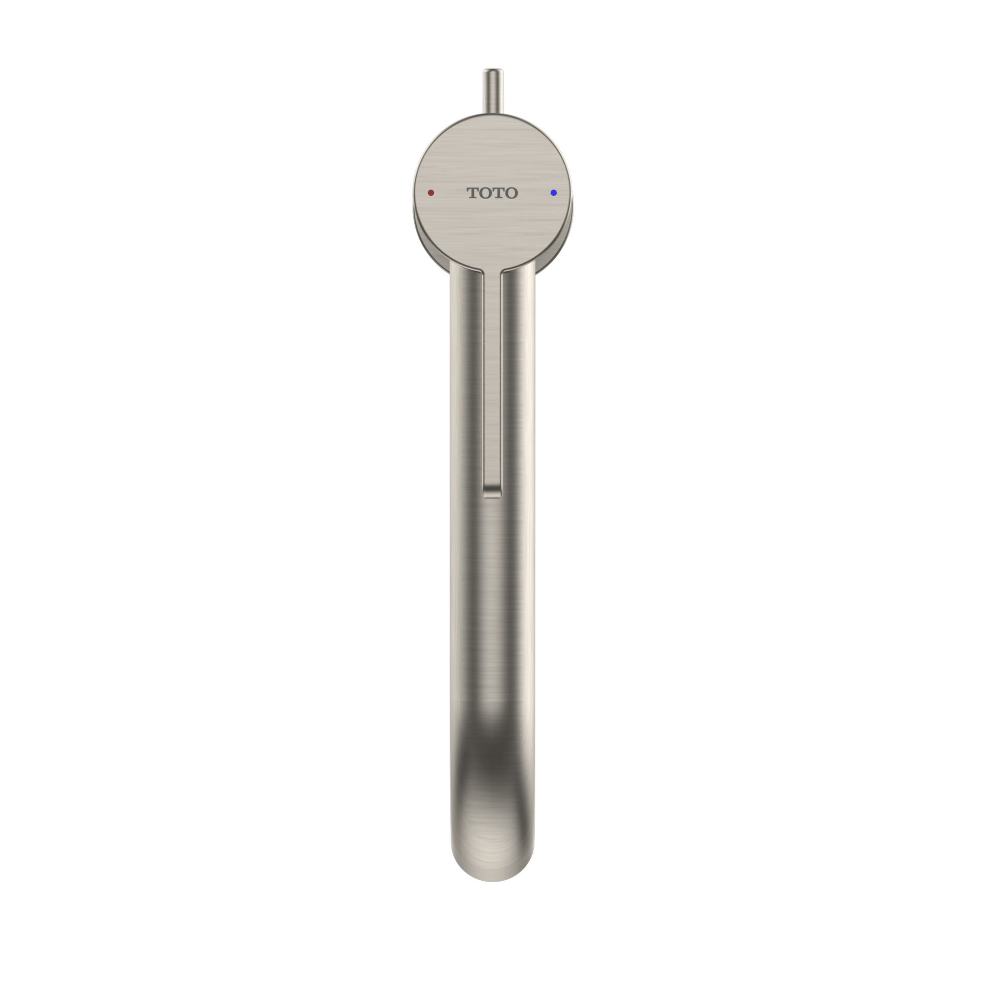 Brushed nickel single-handle vessel faucet with circular control knob and curved spout.