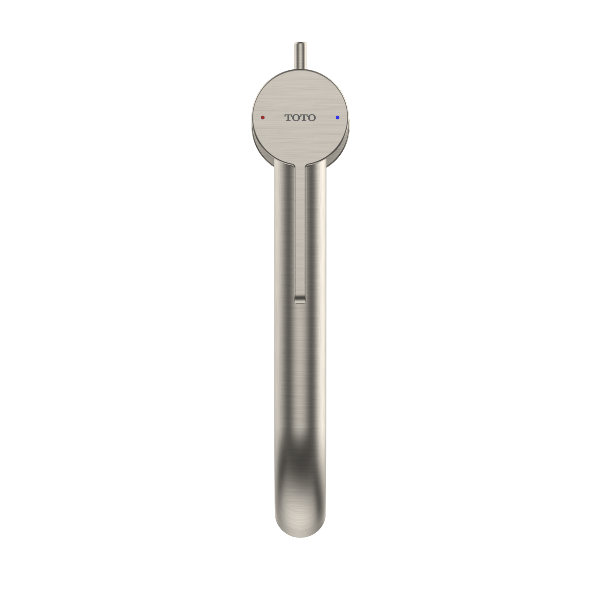 Brushed nickel single-handle vessel faucet with circular control knob and curved spout.