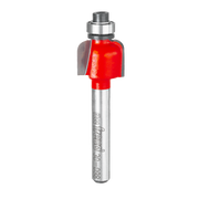 Silver router bit with red cove cutting head and metal collet, mounted on silver shaft labeled "Freud."
