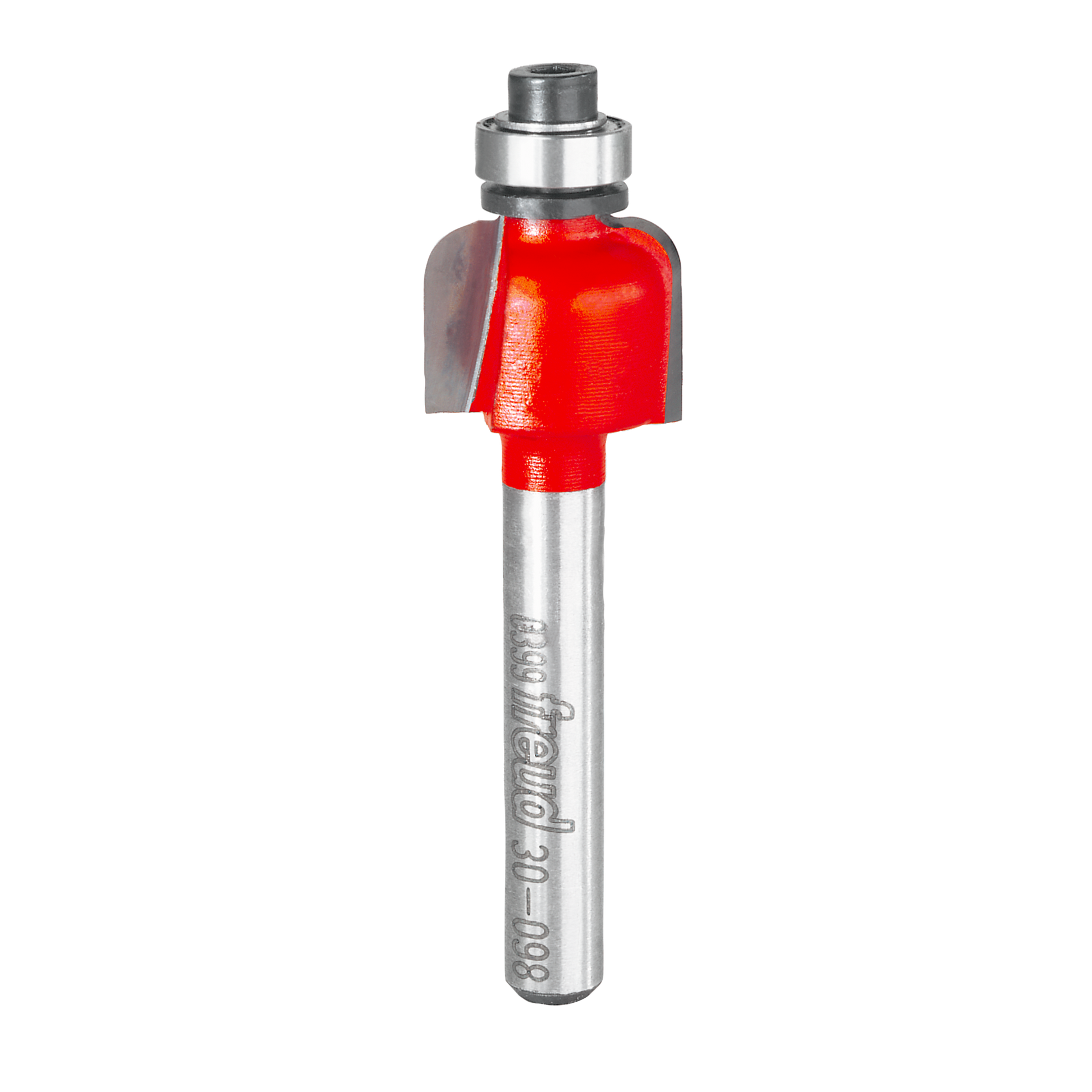 Silver router bit with red cove cutting head and metal collet, mounted on silver shaft labeled "Freud."