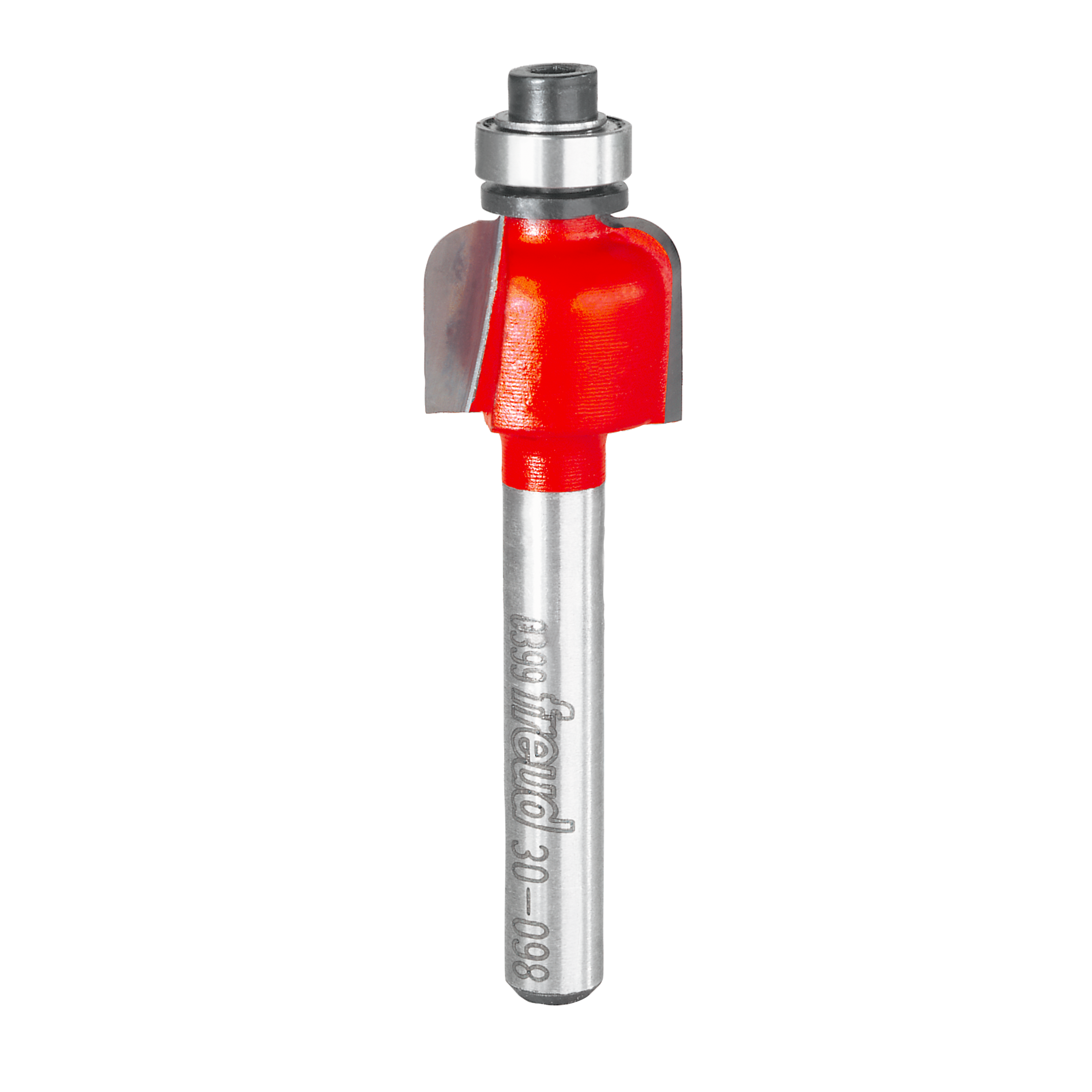 Silver router bit with red cove cutting head and metal collet, mounted on silver shaft labeled "Freud."