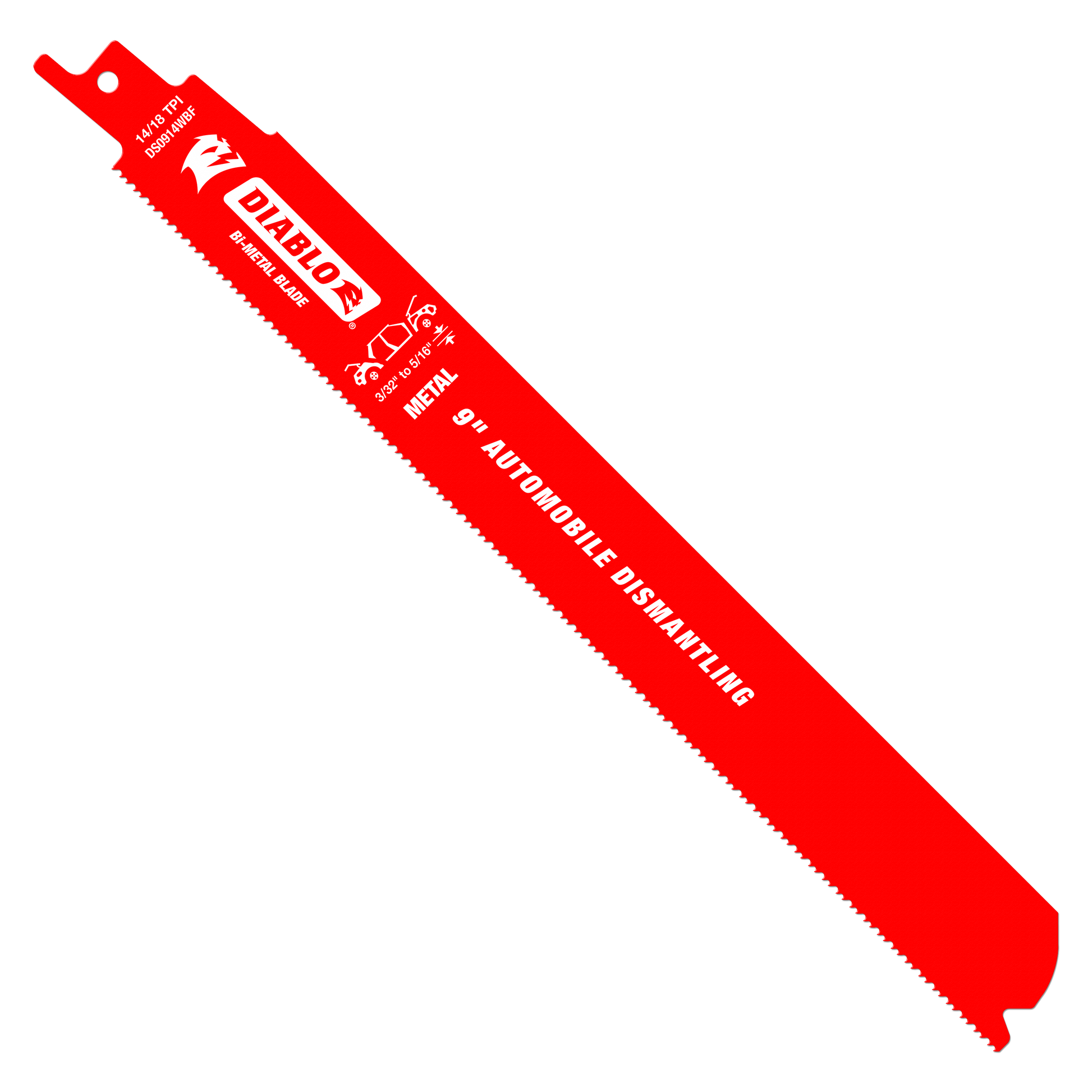 Red bi-metal reciprocating saw blade with serrated cutting edge, labeled for metal cutting and automobile dismantling.