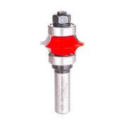 Router bit with red cutting head and silver metal shank, featuring hexagonal top fitting and beaded profile design.