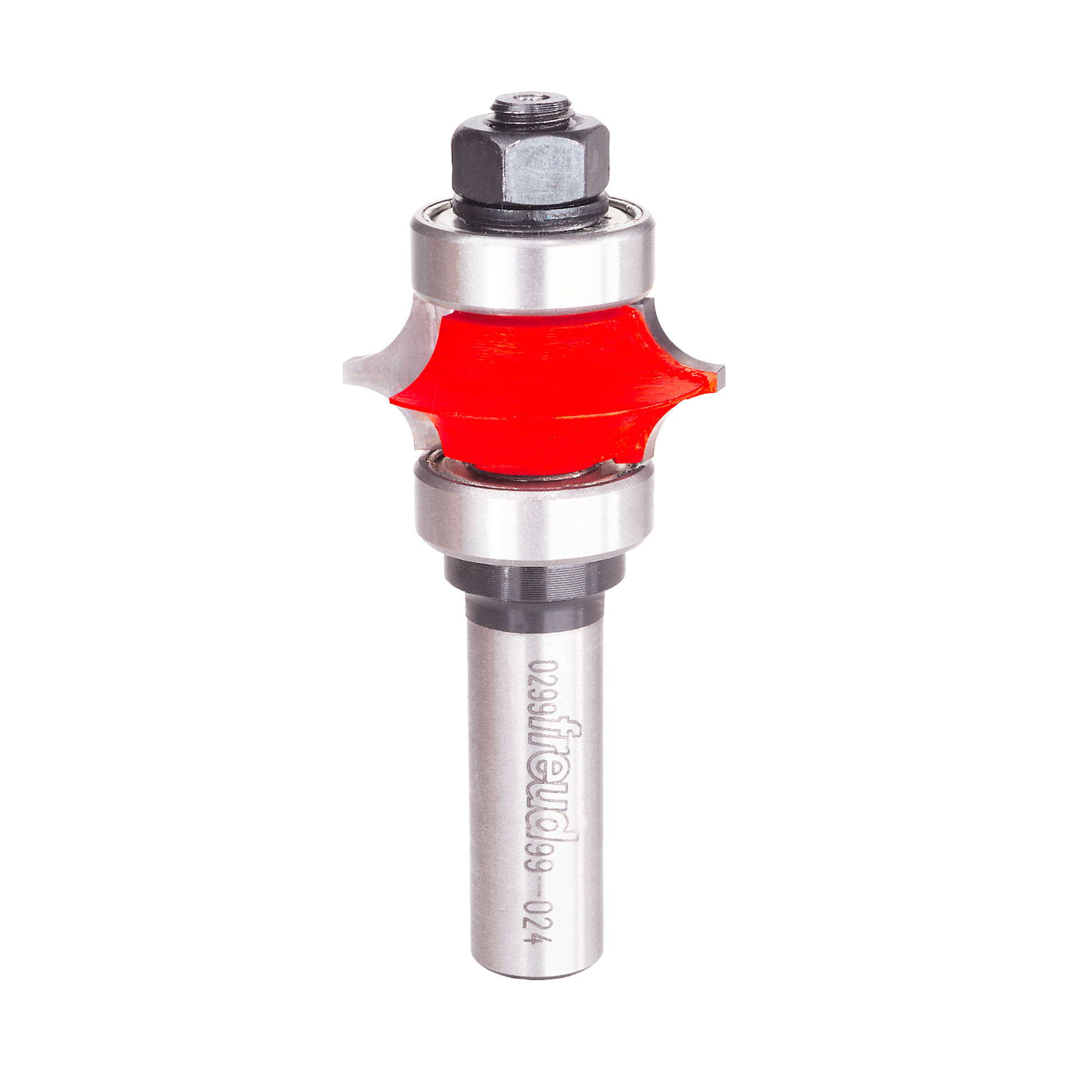 Router bit with red cutting head and silver metal shank, featuring hexagonal top fitting and beaded profile design.