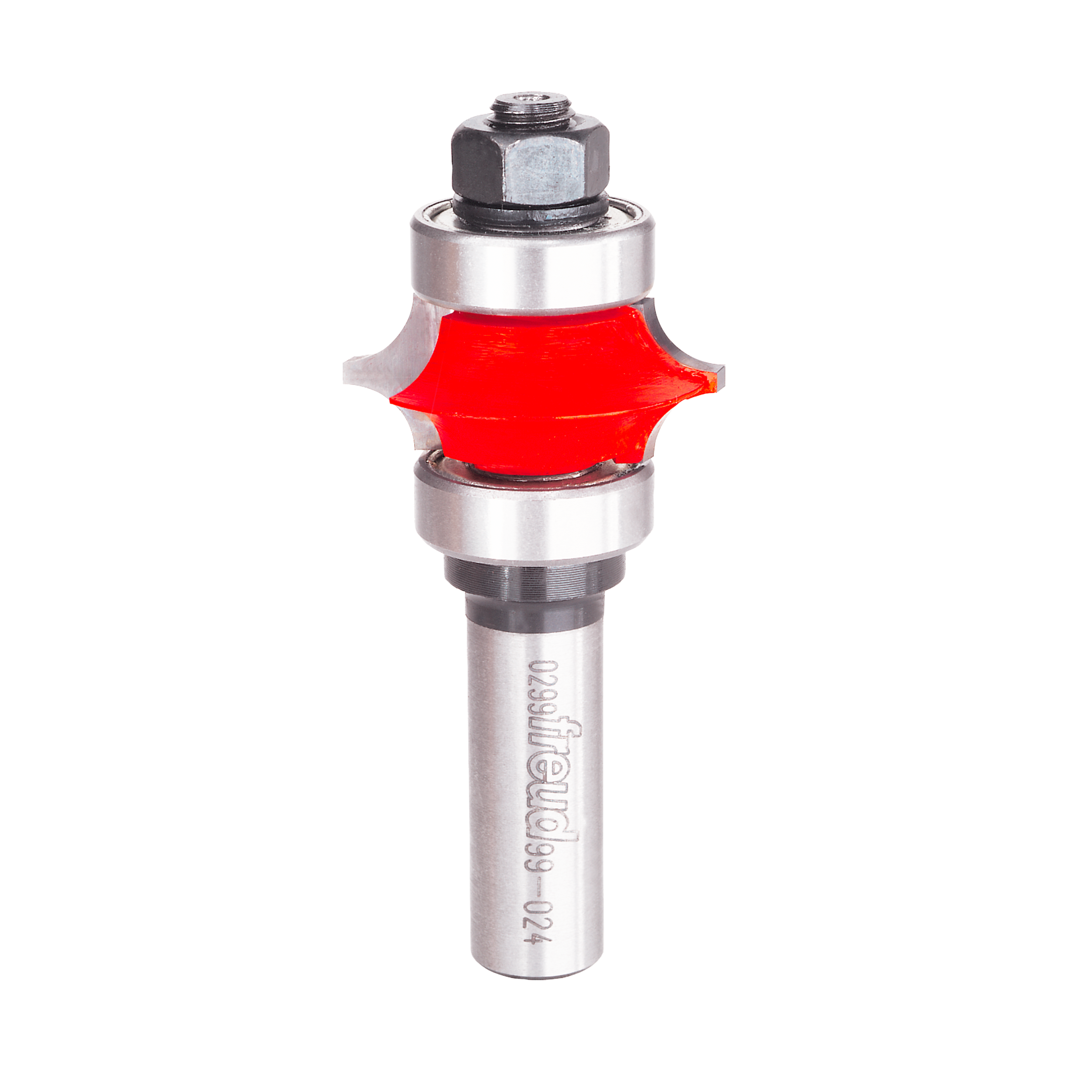 Router bit with red cutting head and silver metal shank, featuring hexagonal top fitting and beaded profile design.