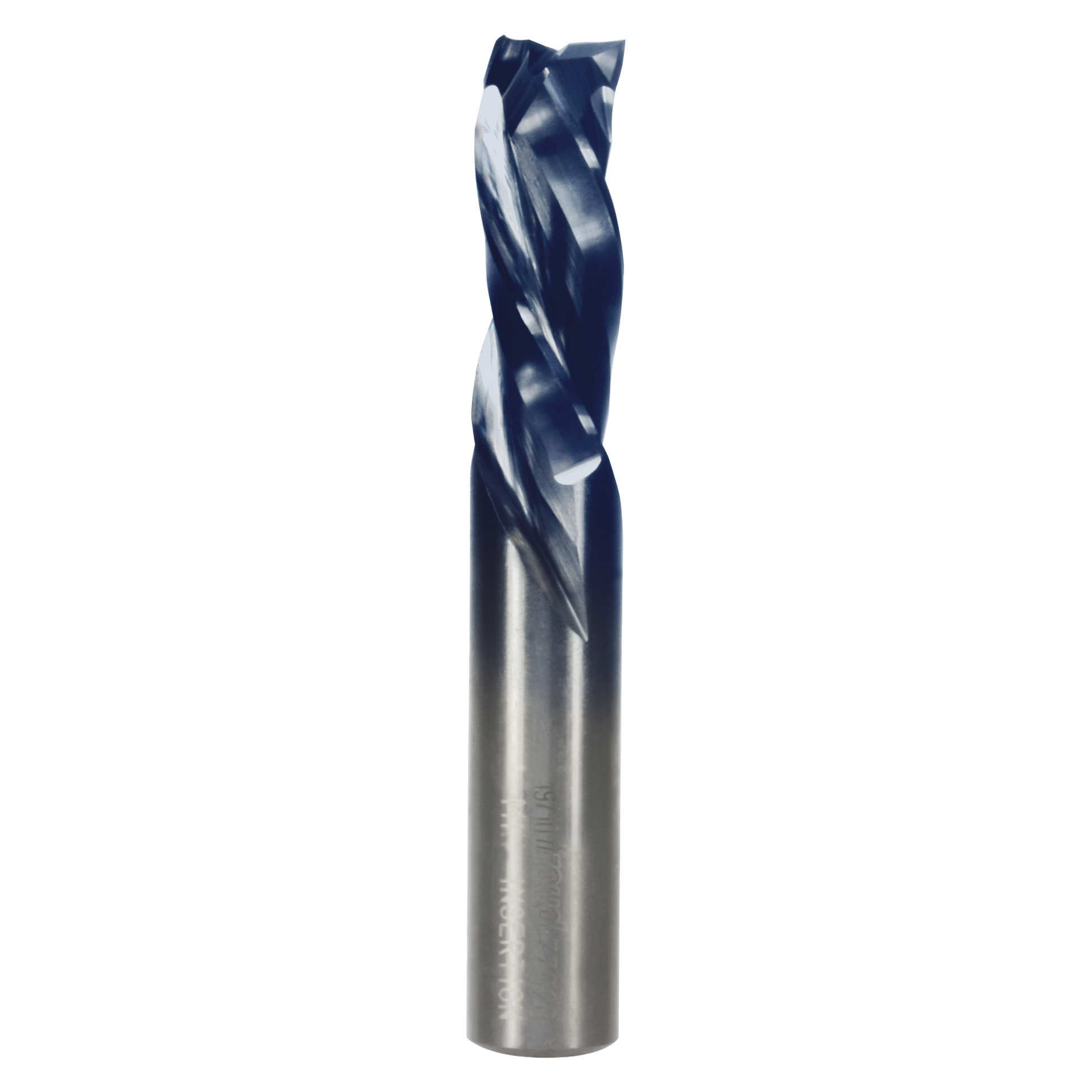Half-inch diameter three-flute mortise compression bit with dark blue cutting end and silver metal shaft.