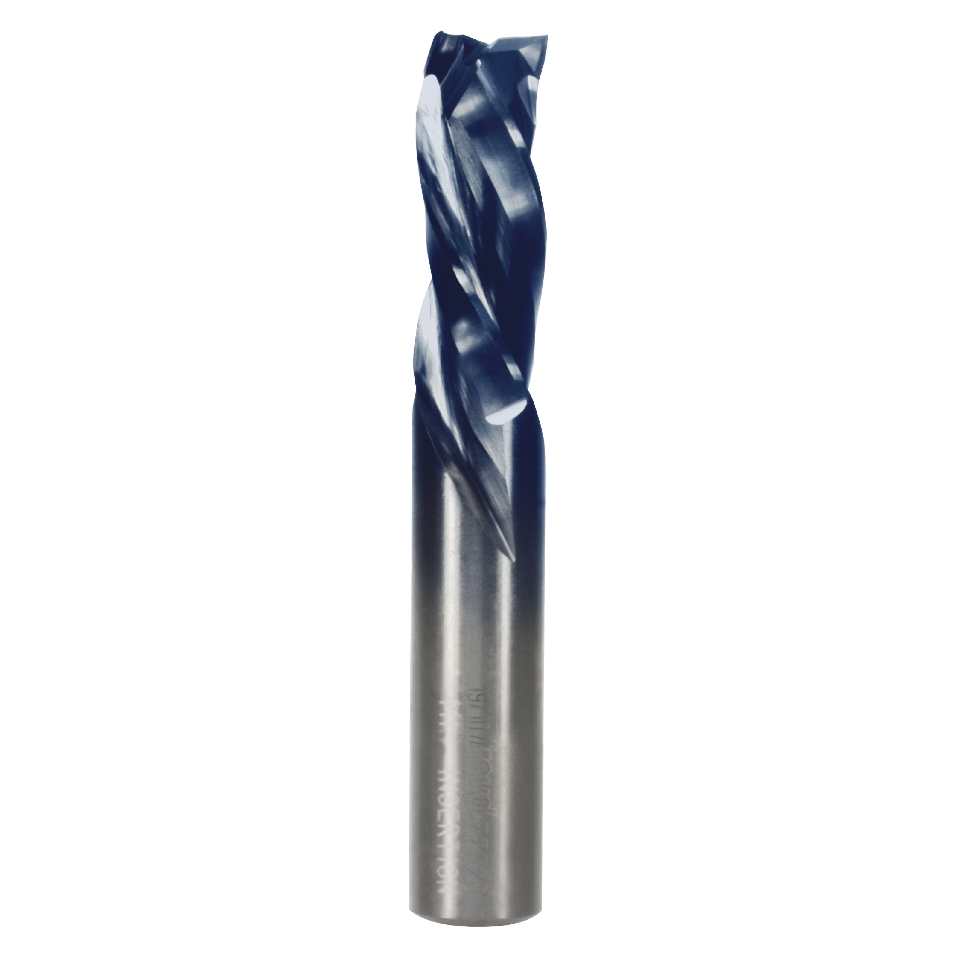 Half-inch diameter three-flute mortise compression bit with dark blue cutting end and silver metal shaft.